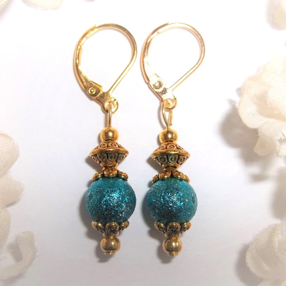 Earrings Dangle Drop Gold and Dark Turquoise Blue Jewelry Gift Idea Girl 7184